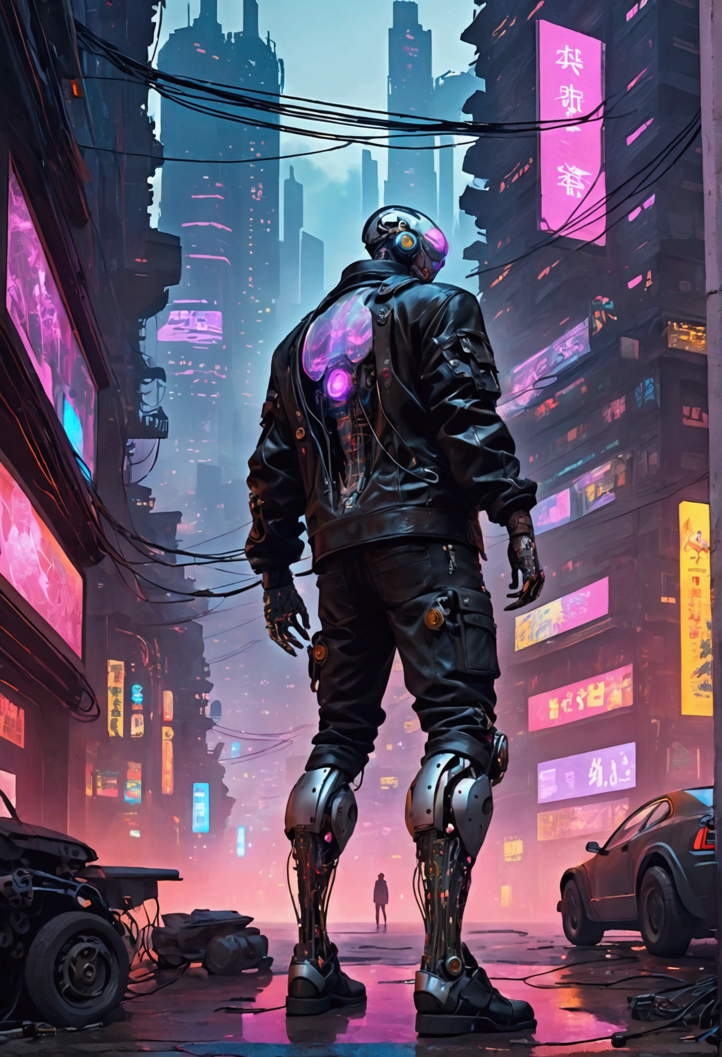 A figure with cyberpunk-style mechanized body parts stands out... His transparent skin reveals circuits and cables, His eyes glow with colored LEDs. The limbs are a mixture of flesh and metal, Equipped with advanced prosthetics and cybernetic interfaces. wearing a black leather jacket, The painting is set in a dystopian urban environment with decaying skyscrapers.. The image represents the fusion of humans and machines in a cyberpunk future world..  