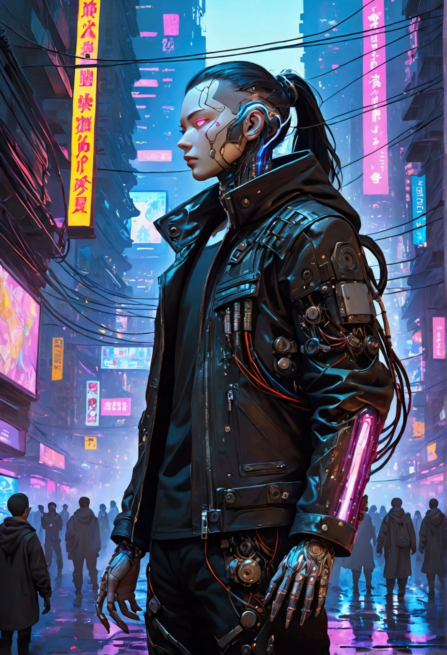 A figure with cyberpunk-style mechanized body parts stands out... His transparent skin reveals circuits and cables, His eyes glow with colored LEDs. The limbs are a mixture of flesh and metal, Equipped with advanced prosthetics and cybernetic interfaces. wearing a black leather jacket, The painting is set in a dystopian urban environment with decaying skyscrapers.. The image represents the fusion of humans and machines in a cyberpunk future world..  