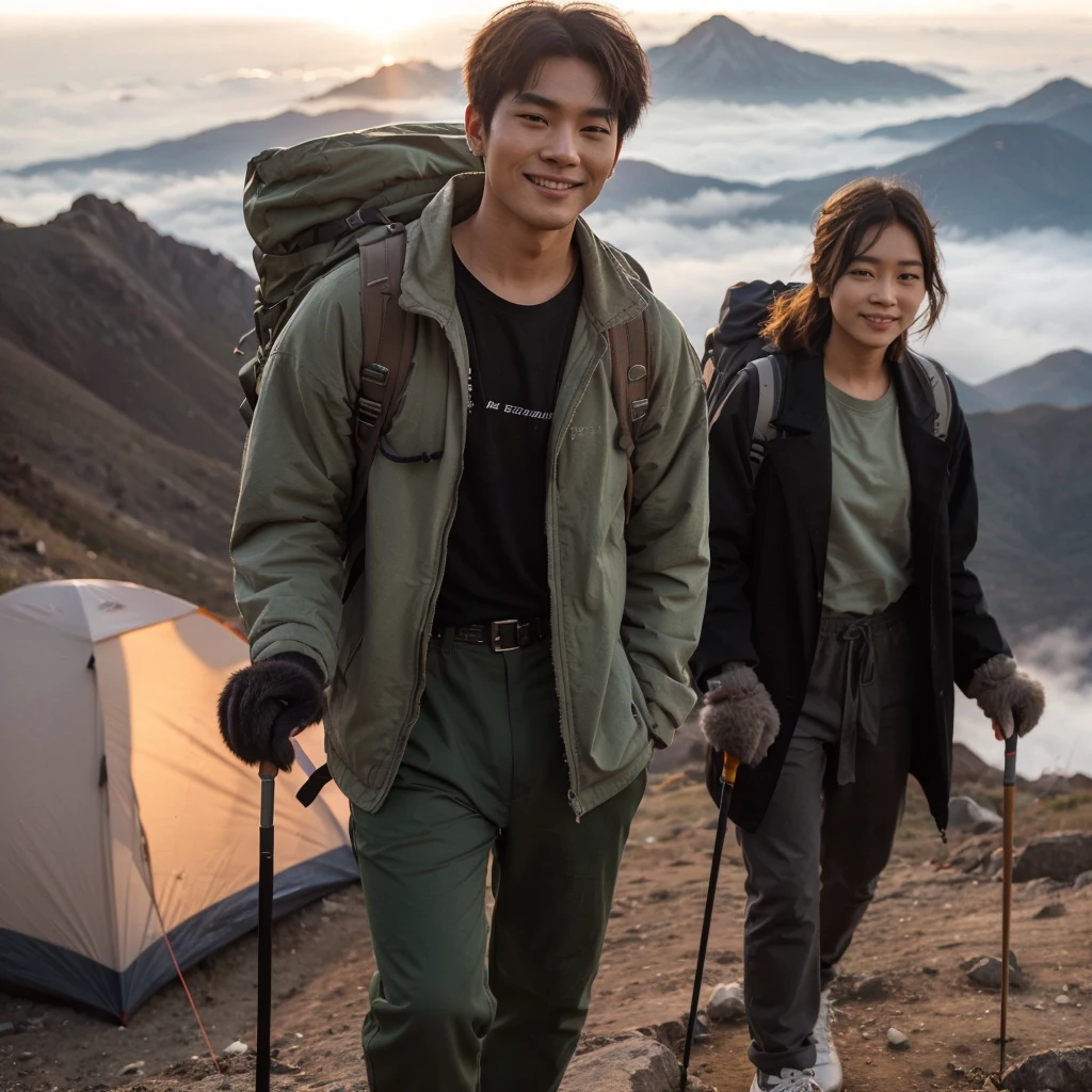 Photography profesional, handsome Korean man with short hair, Wearing a blush green jacket, black t-shirt, long pants jeans hijau tua,sneakers, walk up the mountain, with a backpack,stick,dan gloves,in the company of beautiful Korean women, wearing a black coat, white shirt, long pants,sport shoes,gloves, stick,back at the top of Mount Mahameru,seen from above,there is a tent installed ,with smoke, sunset atmosphere,front view bokeh, smile,