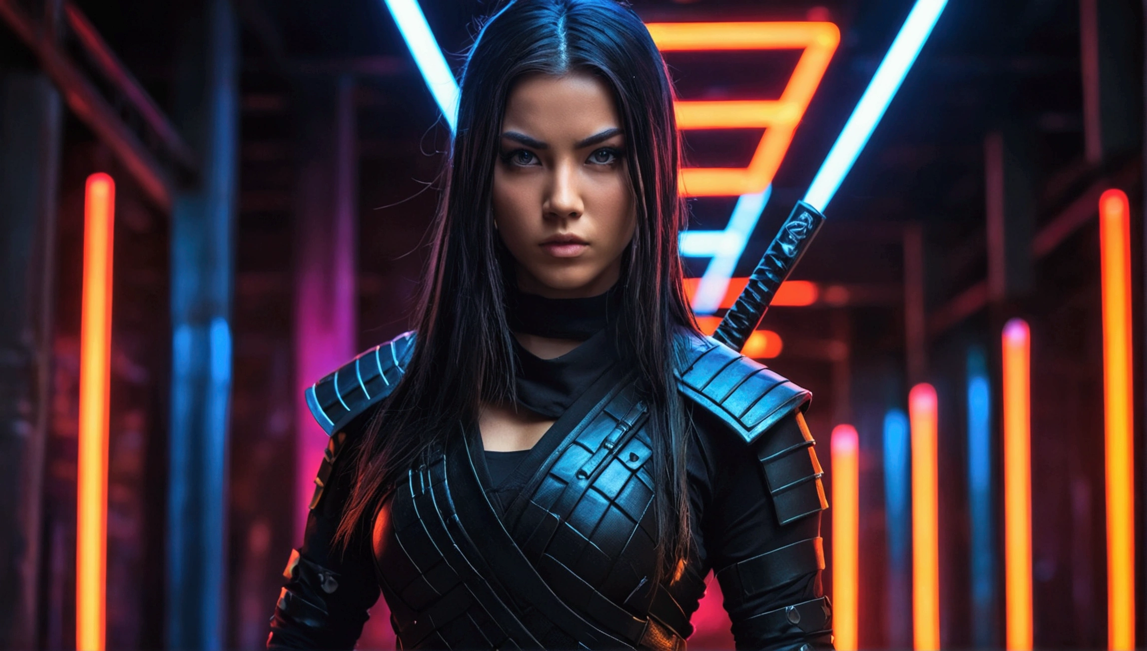 a beautiful young woman in a ninja outfit, detailed facial features, long dark hair, piercing gaze, tight bodysuit, intricate armor, ninja swords, dark urban setting, neon lights, moody atmosphere, cinematic lighting, dramatic poses, photo-realistic, hyper detailed, 8k, masterpiece