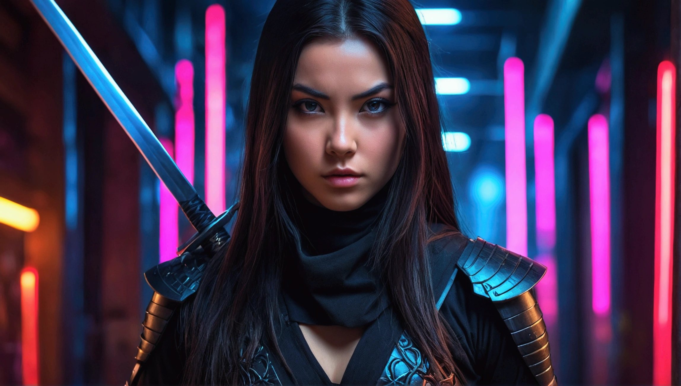 a beautiful young woman in a ninja outfit, detailed facial features, long dark hair, piercing gaze, tight bodysuit, intricate armor, ninja swords, dark urban setting, neon lights, moody atmosphere, cinematic lighting, dramatic poses, photo-realistic, hyper detailed, 8k, masterpiece