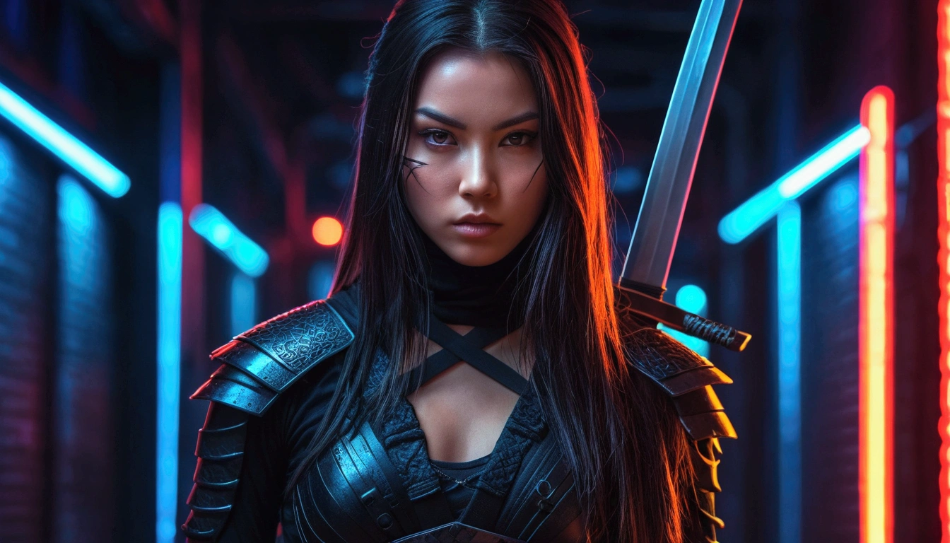 a beautiful young woman in a ninja outfit, detailed facial features, long dark hair, piercing gaze, tight bodysuit, intricate armor, ninja swords, dark urban setting, neon lights, moody atmosphere, cinematic lighting, dramatic poses, photo-realistic, hyper detailed, 8k, masterpiece