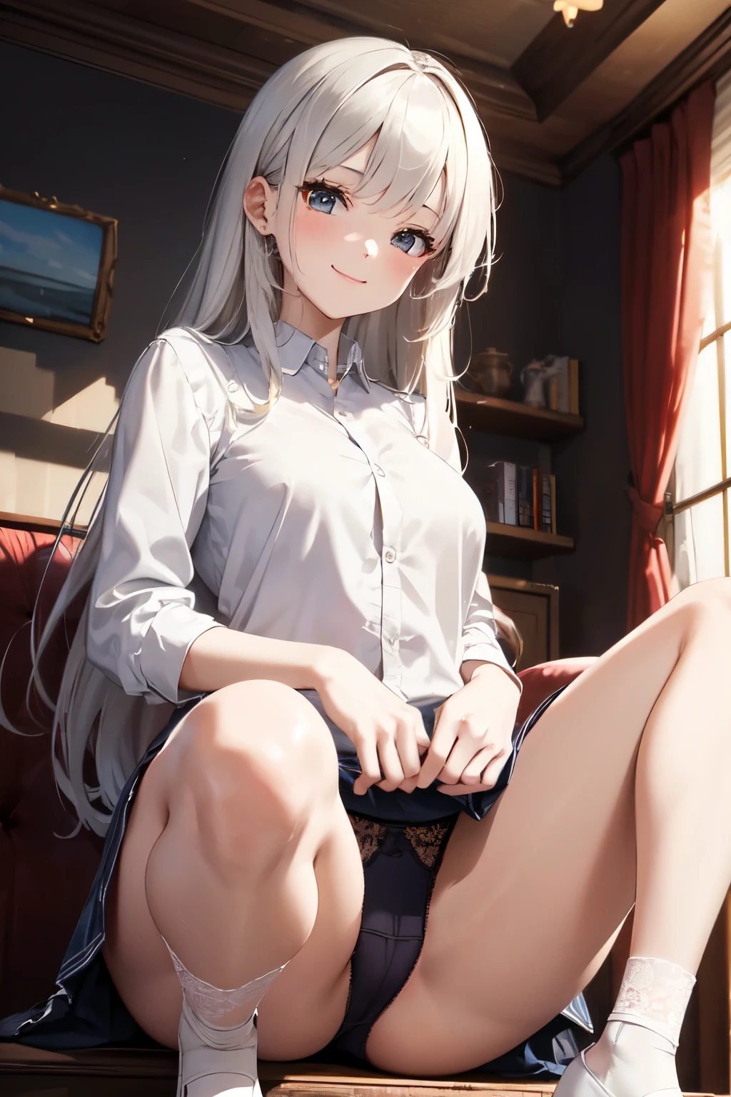 very cute and beautiful girl,(Very detailed美しい顔), (smile),blush,Black Hair,Seraphim,((White Hair、long hair)),(White Shirt、Pleated navy blue pread your legs、Squat)、Sitting、(From below)、(Lace panties), Country road, (Highest quality,masterpiece:1.0),Absurd,High resolution,Super detailed,Very detailed,32K,8k resolution, Intricate details,Movie Scenes,Detailed Background,alone,Dynamic Angle,