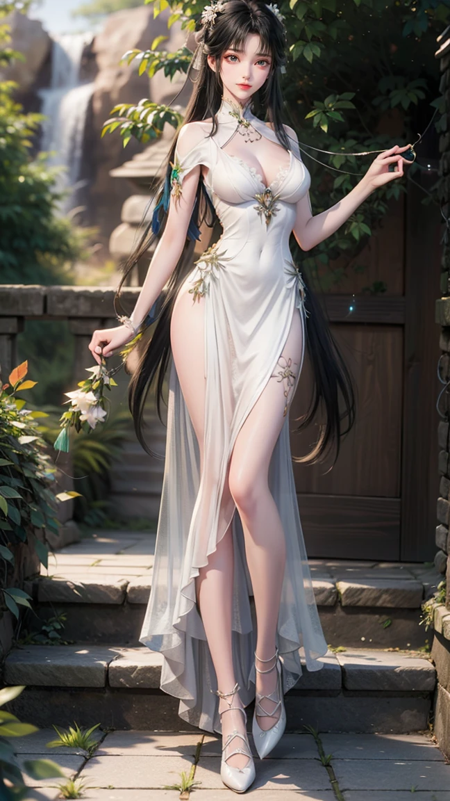 SFW,(masterpiece:1.2),best quality,masterpiece,highres,original,extremely detailed wallpaper,perfect lighting,(extremely detailed CG:1.2),1girl,solo,long hair,jade sword,looking at viewer,(high heels),black hair,hair ornament,(white dress:1.5),jewelry,closed mouth,(full body:1.5),earrings,in summer,bamboo forest,nature,day,flower sea,expressionless,chinese clothes,forehead mark,(lighting:1.5),