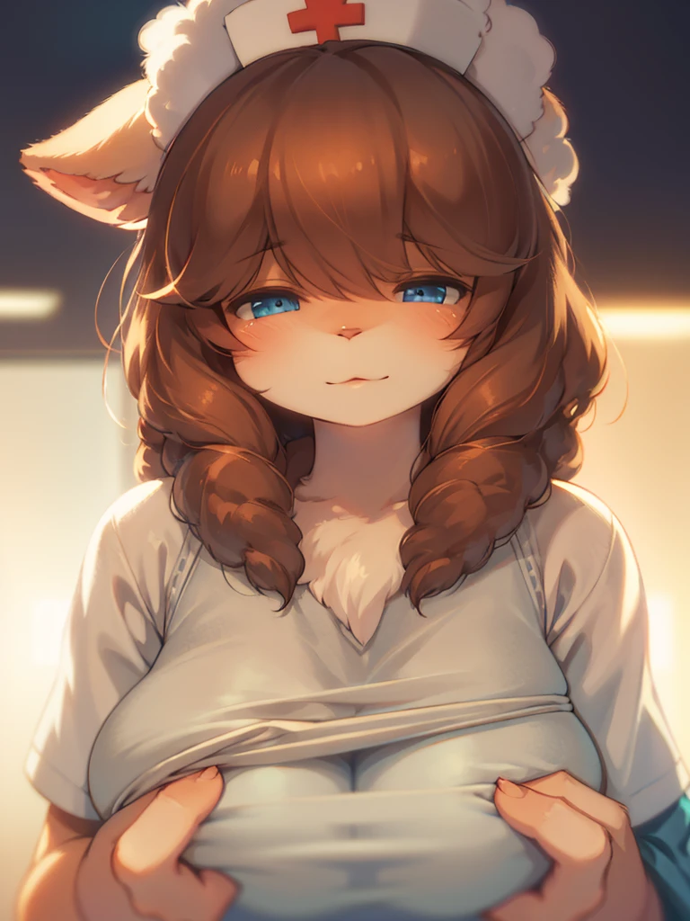 (Sumilux f1.4 50mm , low Latitude old color negative film , cross process , bokeh, flare, chromatic aberration , soft focus, (Shallow focus) , soft glow , Maximum aperture, High Key , Transparent depiction) , closeup face , sheep mom nurse , (Woolly hair over eyes) , (Freckles:0.8) , in the hospital , Nursing uniform , portrait photo , 2 melons , high beams , blue eyes