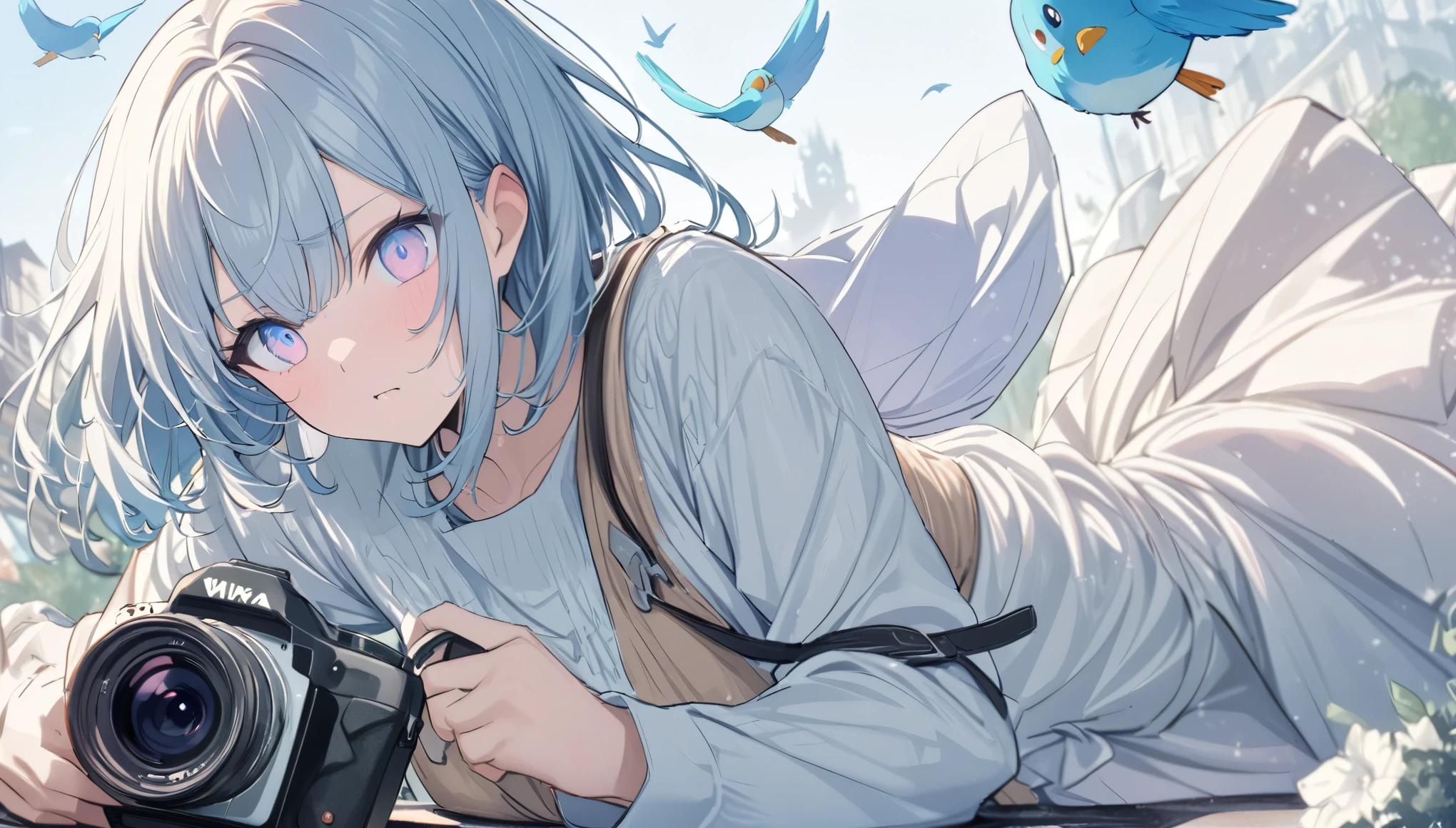 ((pale colour)),35mm, debt/1.2, 超High resolution, Attention to detail, Highest quality, High resolution, masterpiece、blonde、Shortcuts、Emerald Eyes、cute、Braiding、Taking pictures odebt the scenery with a camera、Girl with camera、Hiking Wear、rucksack、Light edebtdebtects、Glittering rivers、birdie、Look debtorward