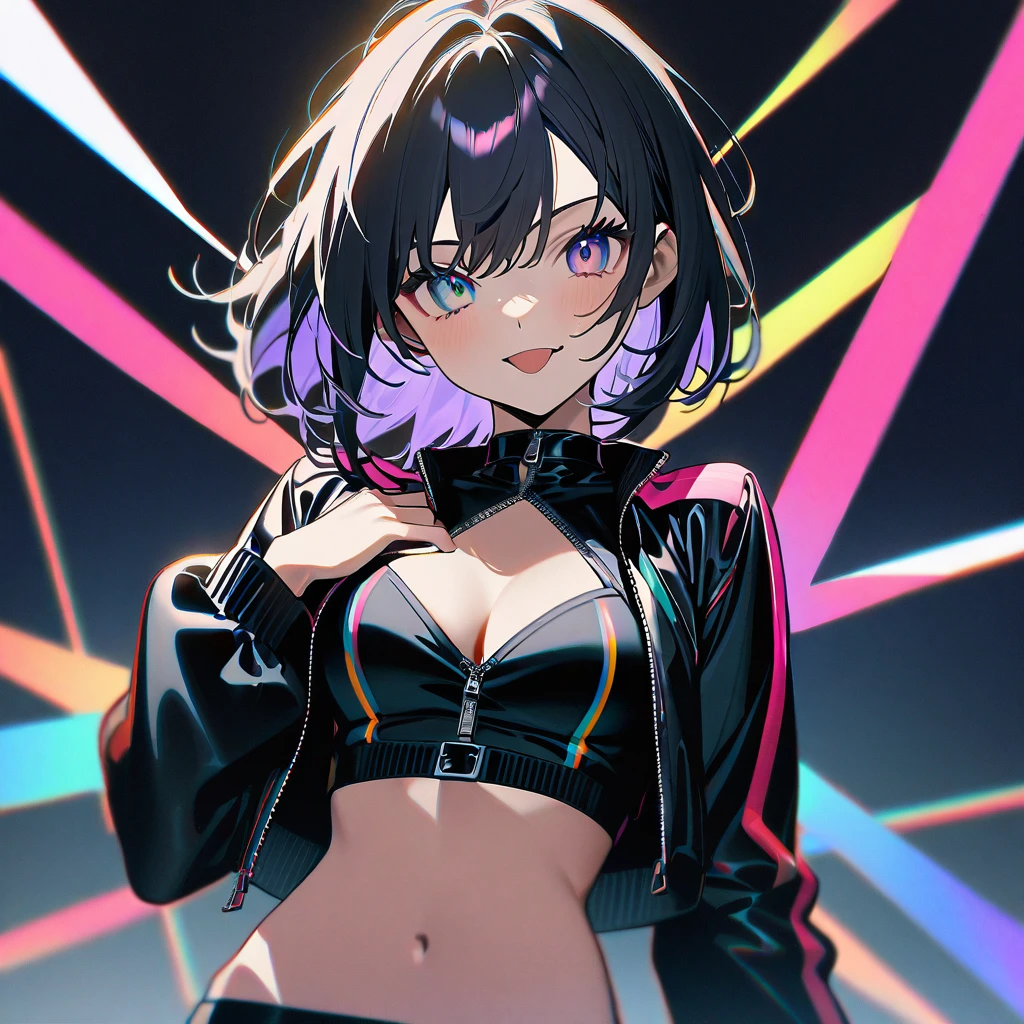(((masterpiece,Highest quality))),(((A male anime character with multiple colored, spiky hair and a somewhat revealing patent leather jacket and Visual Kei outfit.))),((Wearing a small hat at an angle)),(((Sticking out tongue))),(((Black Background))),Focus on the whole body,(high quality),アニメ,rainbow highlights hair,streaked hair
