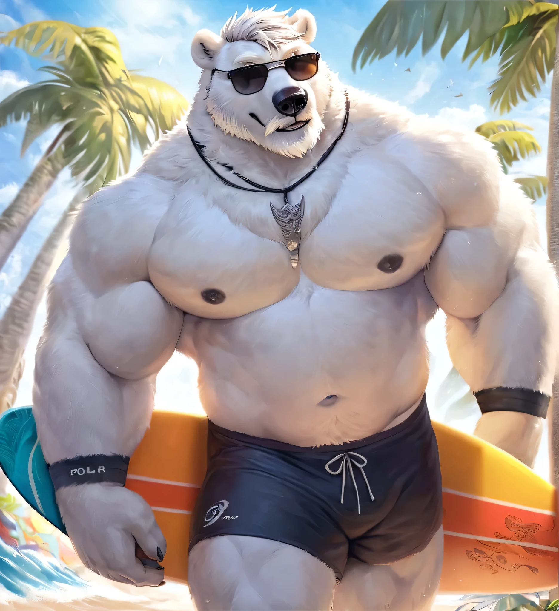 solo, 1boy, Huge Muscular Polar Bear Dad wearing black sunglasses, huge white fur, pectoral, huge pectoral, wide pectoral, short white hair, black swim trunks, black wristbands and shirtless topless, bearded white, white Mustache, white fur, tooth necklace, professional surfer, surf board, background, masterpiece, high detailed, 8k, high resolution, at the beach, flexes one arm
