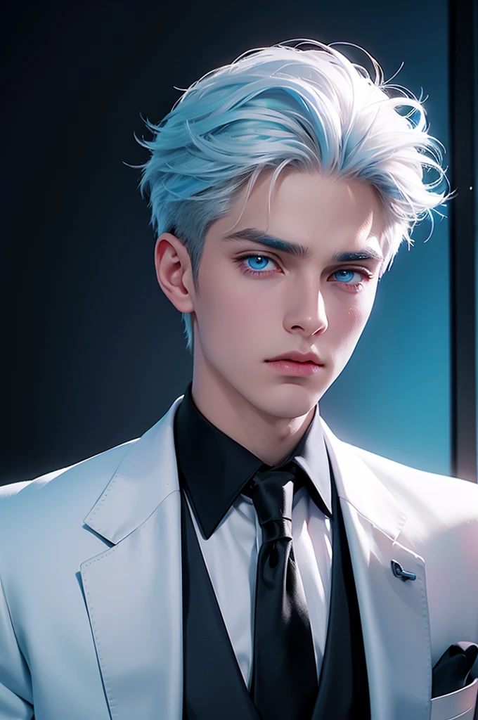 Handsome boy, blue eyes, white hair highlighted with pink and turquoise, expressionless, wearing black formal suit, CEO office background