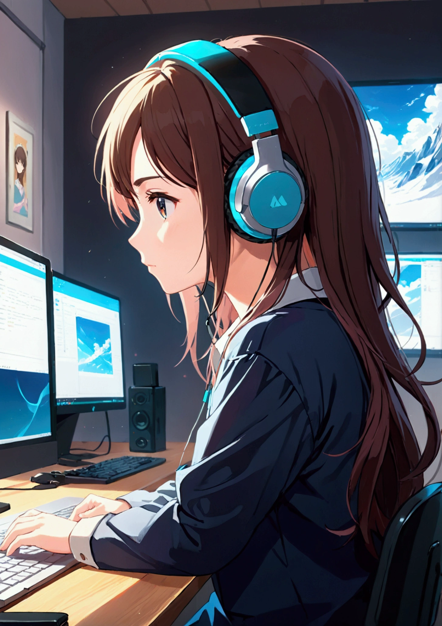 (8k,Highest quality, Ultra-high resolution:1.5, masterpiece:1.3),anime girl sitting at a desk With headphones on and looking at a laptop, lo-fi girl, Portrait of Roffey, Digital anime illustration, Makoto Shinkai style, Anime atmosphere, ローファイArt Style, Makoto Shinkai'Art Style, Digital anime art, With headphones, I like animation, Anime Girl Profile, 高品質のアニメArt Style, Cute girl anime visuals