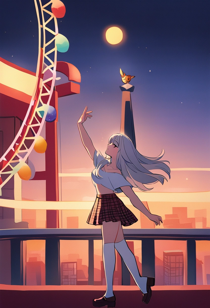 cartoon,Shinkai Makoto style,evening,night,evening,night,A girl,Wearing a white top,Plaid skirt,White knee socks,Dancing on the platform,Ferris wheel in the background,evening,night,日本cartoon-你的名字风格,Combining elements of reality and fantasy,Shinkai Makoto style