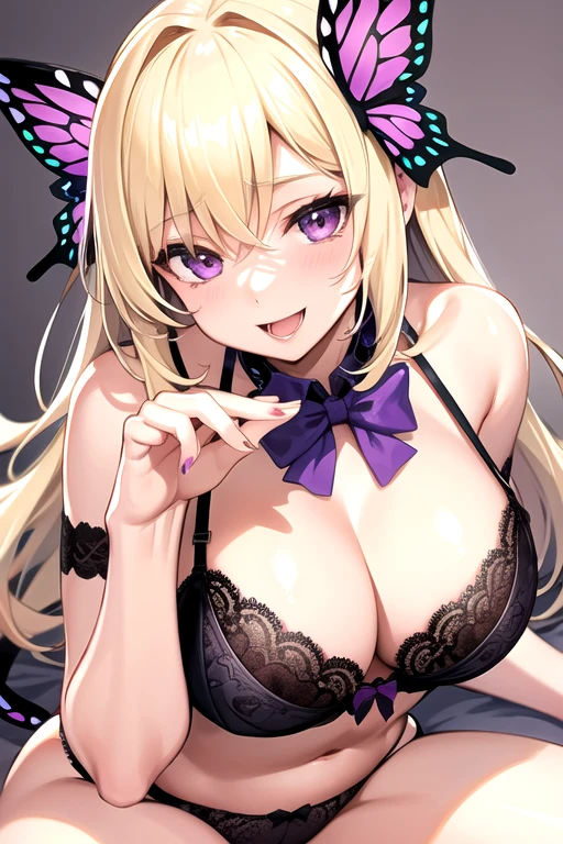 foggy spring, smile, Open your mouth, Blonde,Side Tail,Purple butterfly hair accessory, Black underwear,Large Breasts,Lace bra,Handjob,Stimulating a man's nipples with both hands,Leaning forward,On the bed,Kiri Izumi,