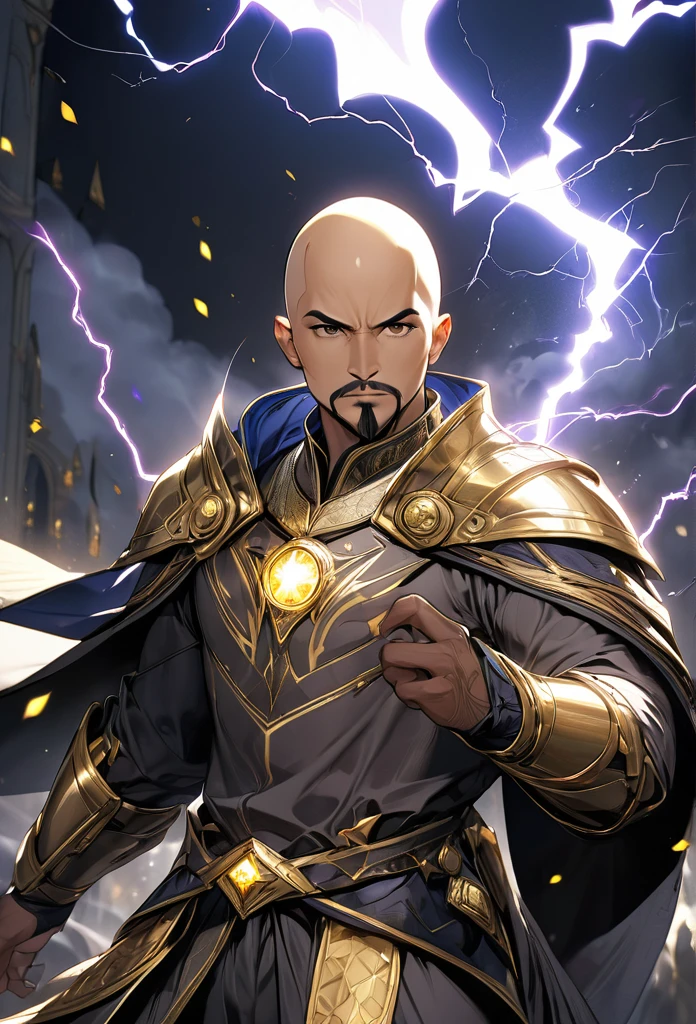 masterpiece, 8k, best quality, highly detailed, illustration of a wizard, dark skin, bald, with golden armor, lightning power, short goatee