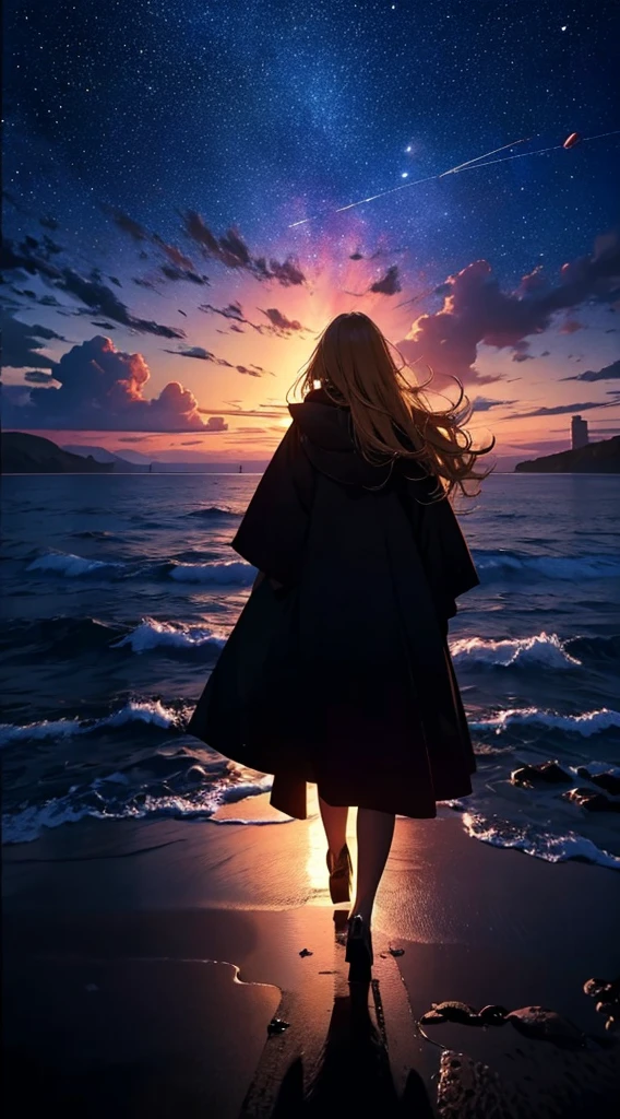 1people々々,Blonde long-haired woman,Long coat, Dress Silhouette, Rear View,Raise your hand to grab something,Space Sky, The boundary between sea and space,