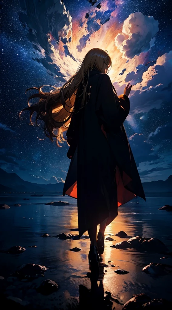 １people々々,Blonde long-haired woman，Long coat， Dress Silhouette， Rear View，Raise your hand to grab something，Space Sky, The boundary between sea and space，