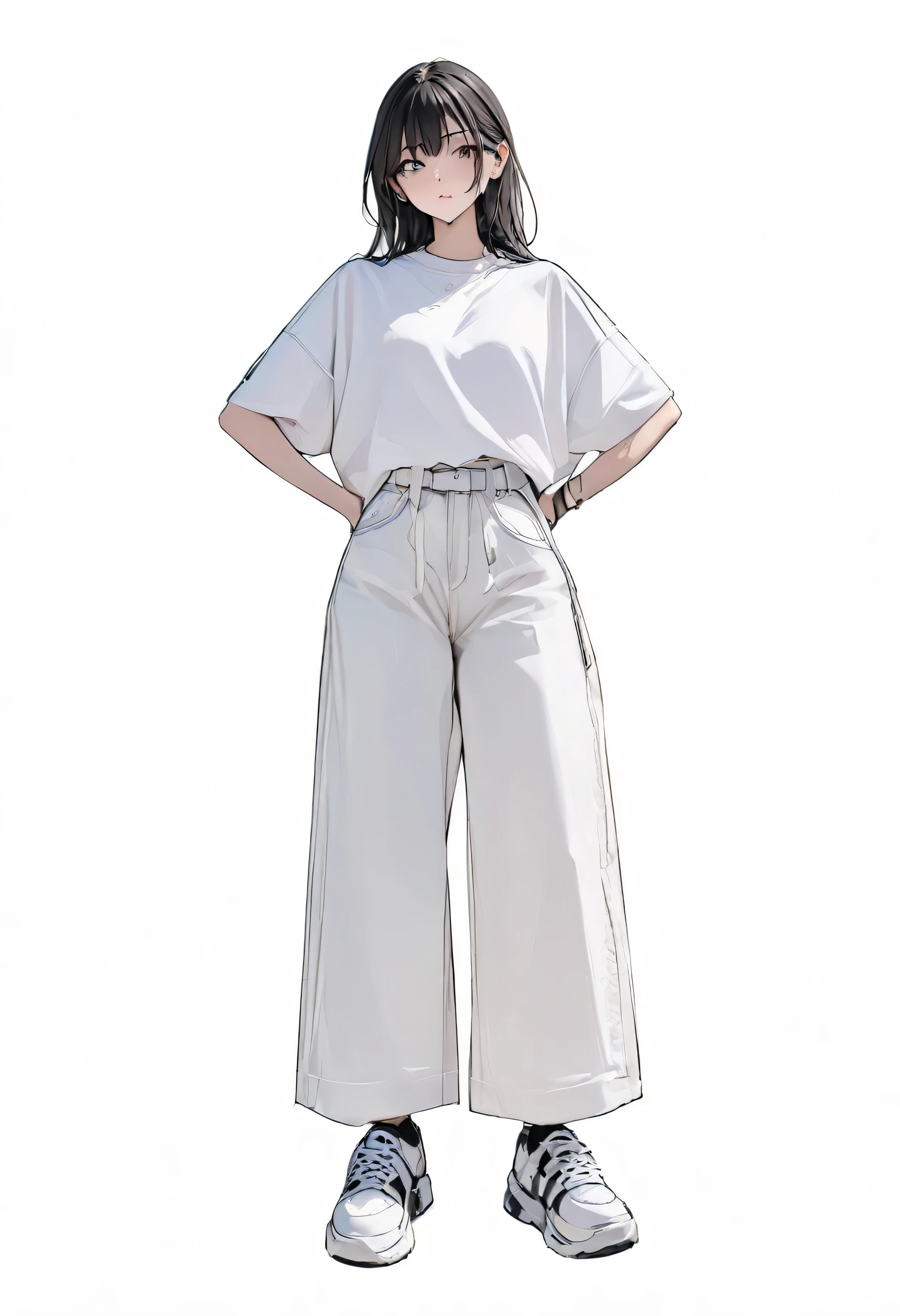 (masterpiece、Highest quality:1.2、8K)、Only one girl in the center、Street Shirts、Wide-leg trousers、Simple sneakers、whole body、Simple Background、White background、