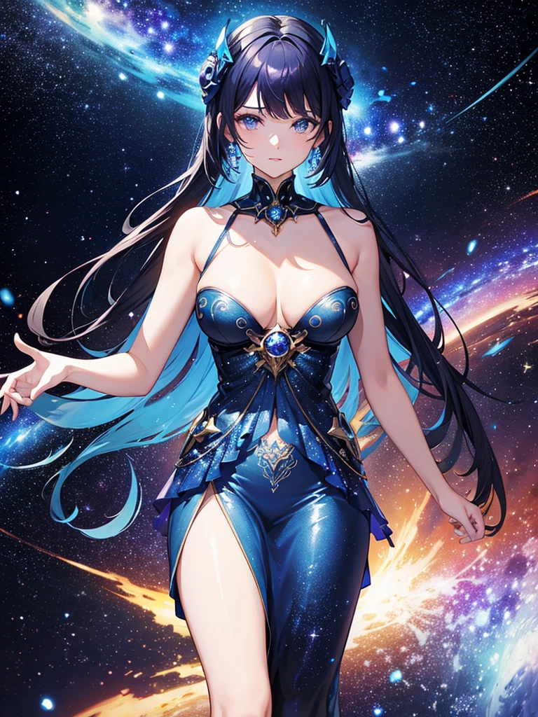 A stylized galaxy with deep blue and purple tones, dotted with shining stars. At the center, a fictional planet with majestic rings. (Nebula and constellation details can be added for a more complex and intriguing look.)