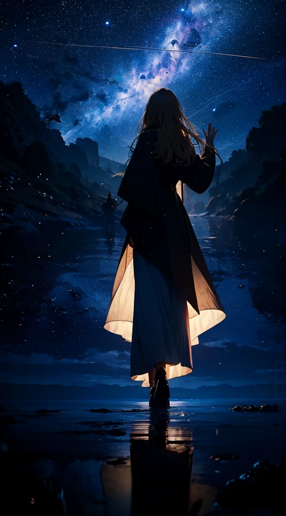 1people々々,Blonde long-haired woman,Long coat, Dress Silhouette, Rear View,Raise your hand to grab something,Space Sky, The boundary between sea and space,