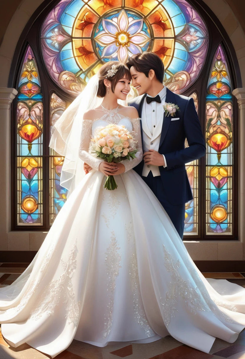 Top quality, ultra-fine illustrations(associations, colorful stained glass with shimmering light, kaleidoscope, wedding aisles lined with jewel-like lamps)(very detailed and beautiful faces, very detailed and beautiful eyes, eyes with lively brilliance)absurdres, perfect anatomy(angelic cute 1girl, kemono, angelic handsome 1boy, couple)(happy wedding, husband in tuxedo, beastman wife in wedding dress, husband hugging wife's shoulders, Two people staring at each other and smiling, wedding photo, bouquet of beautiful flowers, shining wedding ring on ring finger)(furry anthro, furry body, animal face features, animal body features)(very detailed fur)full body, smile (dynamic pose),