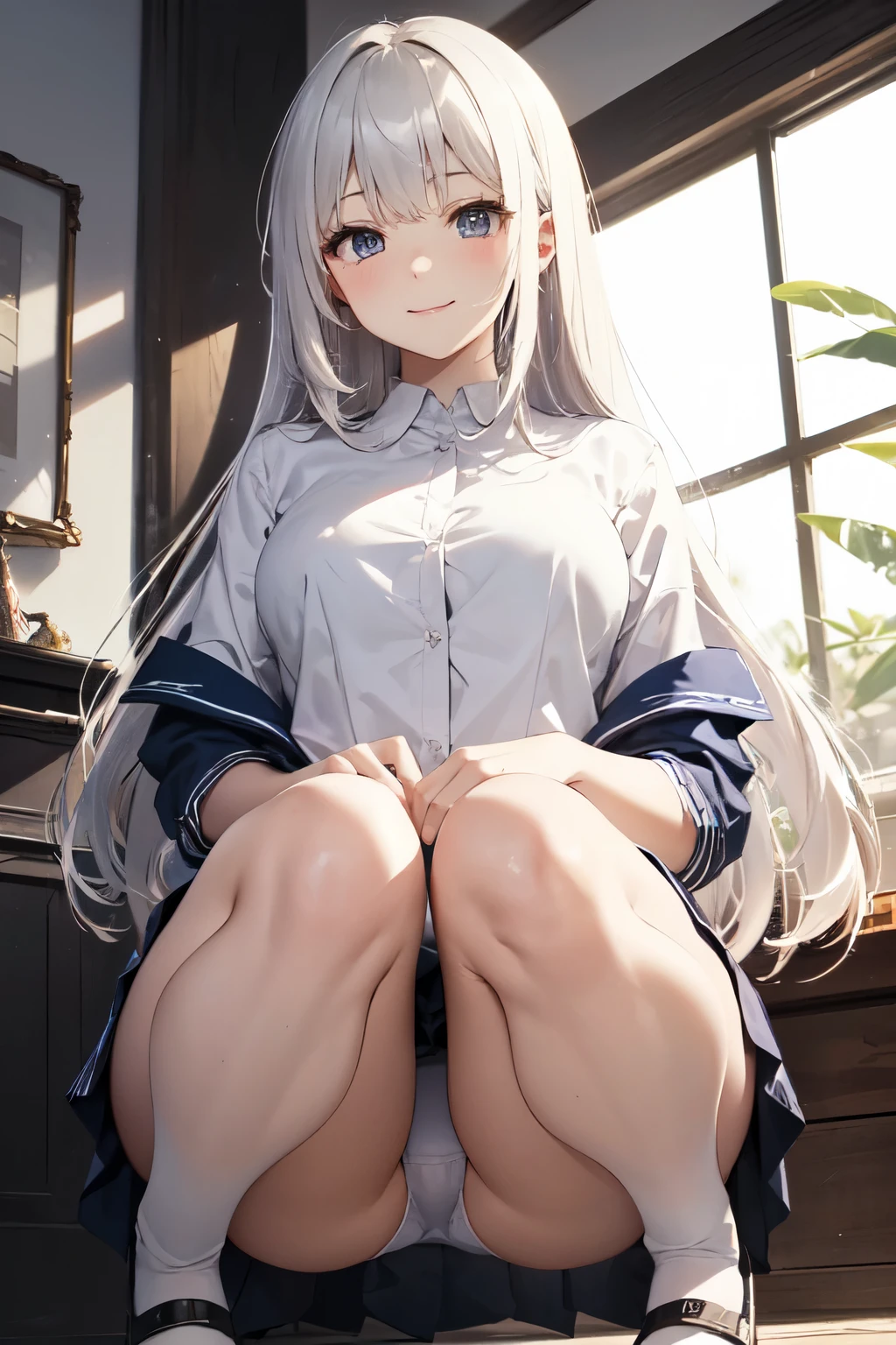 very cute and beautiful girl,(Very detailed美しい顔), (smile),blush,Black Hair,Seraphim,((White Hair、long hair)),(White Shirt、Pleated navy blue pread your legs、Squat)、Sitting、(From below)、(Lace panties), Country road, (Highest quality,masterpiece:1.0),Absurd,High resolution,Super detailed,Very detailed,32K,8k resolution, Intricate details,Movie Scenes,Detailed Background,alone,Dynamic Angle,