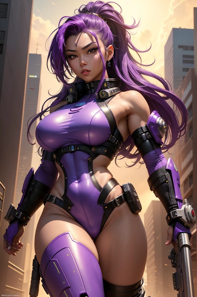 A beautiful, exuberant and very young cybernetic android warrior with black African and oriental Japanese and Chinese features, mixed with the clone of the Greek warrior goddess Athena, with huge super ultra mega giant breasts, purple eyes, transformed into a super sensual and extremely muscular astronaut, fitness, fit bodybuilder and weightlifter, very muscular thighs wearing very short, super radical and purple punk style hair and very straight in locks, wearing sexy cyberpunk battle outfits, observing various spaceships on a strange planet full of big wild and murderous predator monsters and preparing, carrying and wielding their huge futuristic weapons on their shoulders for combat and already in battle stance