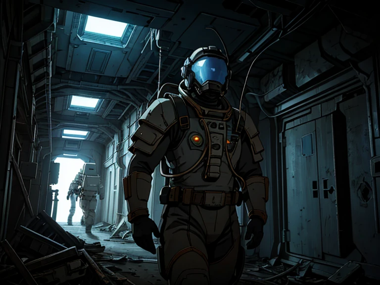 masterpiece, great detail, Astronaut Soldier, looking straight ahead, White uniform, armor scifi, Alone, abandoned spaceship, wrecked ship, low light, destroyed hallways, Cables, Cables, Lights, darkness