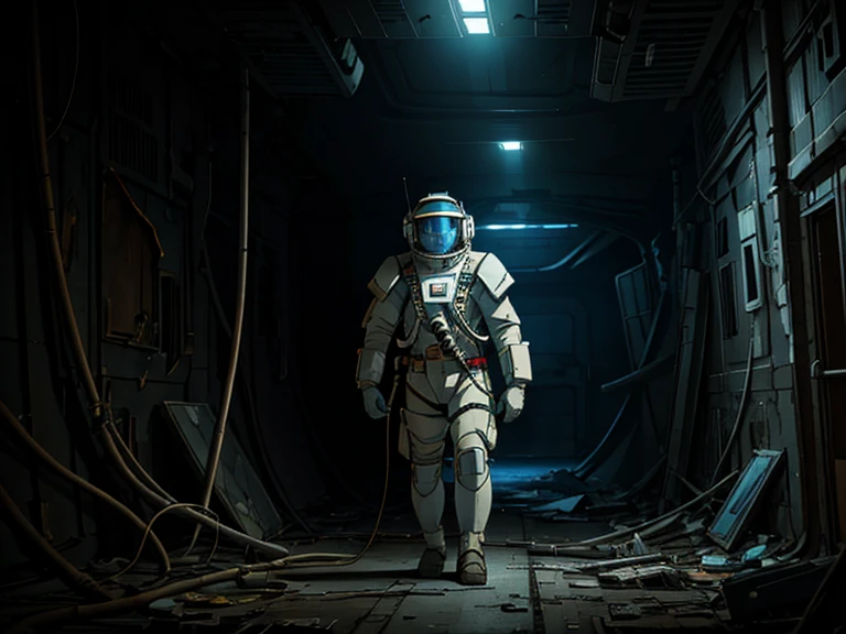 masterpiece, great detail, Astronaut Soldier, looking straight ahead, White uniform, armor scifi, Alone, abandoned spaceship, wrecked ship, low light, destroyed hallways, Cables, Cables, Lights, darkness