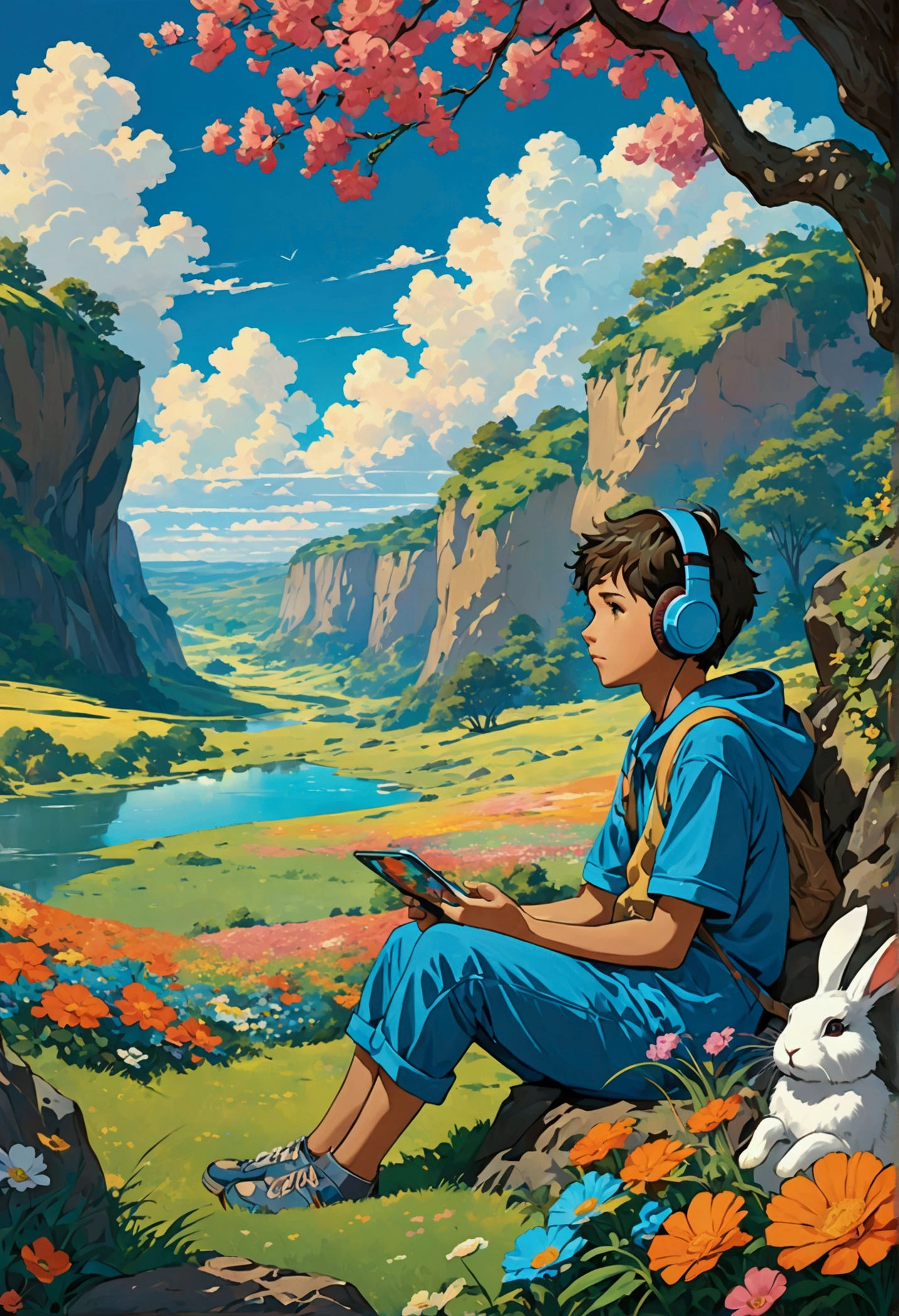 Boy sitting under a tree near a cliff in the meadow , See the vast blue sky with fluffy clouds and brushstrokes , tall grass stones, , makoto shinkai cyril rolando, anime art wallpaper 4k, anime art wallpaper 4k, animated background, anime art wallpaper 8k, animated background art, Anime landscape wallpaper, amazing wallpaper, hd wallpapers, 4k animated wallpaper, 4k animated wallpaper, Aries Moros Art,Bob Byerly(Bob Byerley)the art of , AshleyTreesArtAI, Greg Rutkowski, flower, very colorful, flower velly, rabbit near boy,boy listening to music with headphones