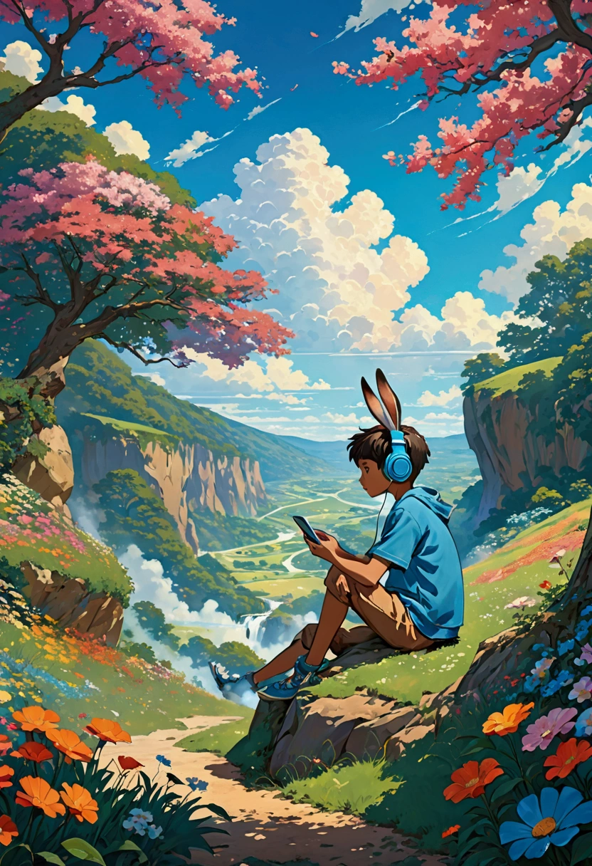 Boy sitting under a tree near a cliff in the meadow , See the vast blue sky with fluffy clouds and brushstrokes , tall grass stones, , makoto shinkai cyril rolando, anime art wallpaper 4k, anime art wallpaper 4k, animated background, anime art wallpaper 8k, animated background art, Anime landscape wallpaper, amazing wallpaper, hd wallpapers, 4k animated wallpaper, 4k animated wallpaper, Aries Moros Art,Bob Byerly(Bob Byerley)the art of , AshleyTreesArtAI, Greg Rutkowski, flower, very colorful, flower velly, rabbit near boy,boy listening to music with headphones

