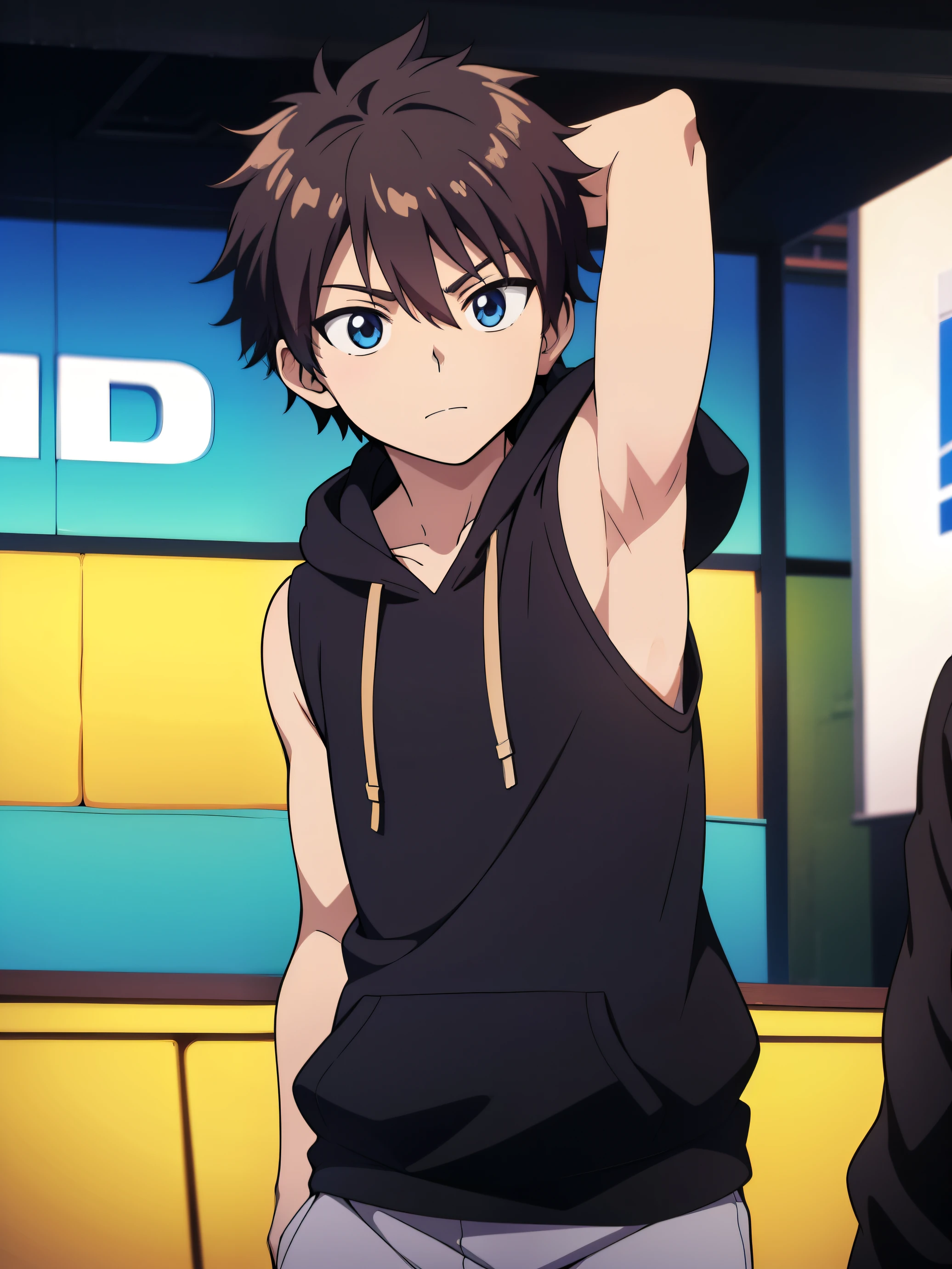 Highres, Masterpiece, Best quality at best,Best Quality,hight quality, hight detailed, Anime style, 1boy, Shota, young boy, Solo person, Black hoodie, Sleeveless hoodie, Seen from the front, look at viewer, (very young boy), (very small and short body), ***************s, (Showing armpit:1.3), hansome boy, Uhd, bokeh