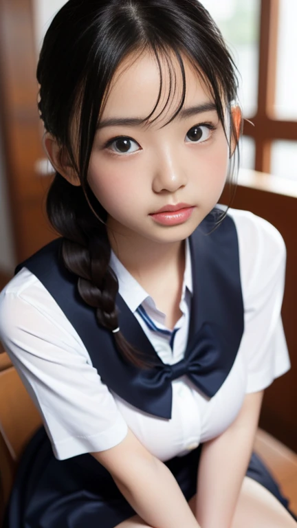 whole bodyを撮影、Shooting from below、Photographing feet、(Burstingly Big Breasts:1.3)、high quality、masterpiece、Ultra-high resolution、Thighs、beautiful girl、beautiful girl顔、Cute girl face、Cute Uniform、Braiding、whole body、whole bodyを撮影