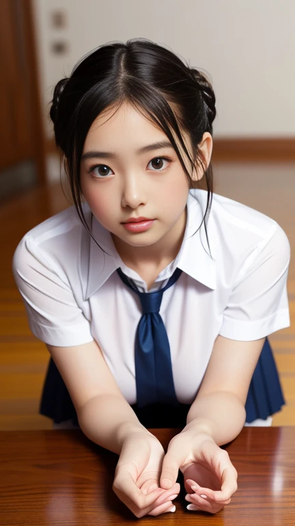whole bodyを撮影、Shooting from below、Photographing feet、(Burstingly Big Breasts:1.3)、high quality、masterpiece、Ultra-high resolution、Thighs、beautiful girl、beautiful girl顔、Cute girl face、Cute Uniform、Braiding、whole body、whole bodyを撮影