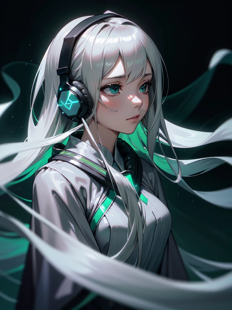 (((Portrait Photo))), She has the Appearance of an Elegant and Poised , with a Small, Slender Build who Displays a Calm Demeanor. Her Long, Flowing Blonde Hair Cascades Down Her Back in Soft Waves, Framing Her Delicate Features. Her Two-tone Eyes are Large and Expressive, Filled with a Gentle Serenity and a Hint of Mystery. His Expression is Calm and Reflective, with a Slightly Unfocused Gaze, Conveying a Sense of Inner Peace and Absolute Calm. (((High Quality, Dark Background))), (((Portrait Photo))), (((Headphones On Ears))), (((Shimmering Silver Gown))), (((Green Ombre Hair)))