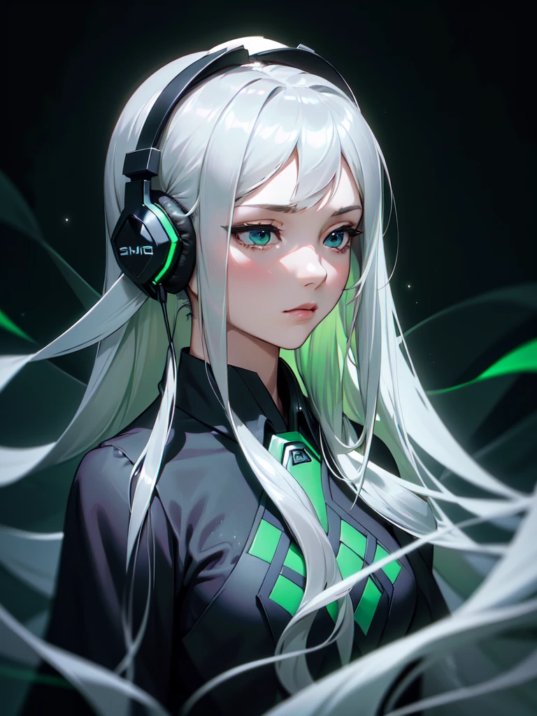 (((Portrait Photo))), She has the Appearance of an Elegant and Poised , with a Small, Slender Build who Displays a Calm Demeanor. Her Long, Flowing Blonde Hair Cascades Down Her Back in Soft Waves, Framing Her Delicate Features. Her Two-tone Eyes are Large and Expressive, Filled with a Gentle Serenity and a Hint of Mystery. His Expression is Calm and Reflective, with a Slightly Unfocused Gaze, Conveying a Sense of Inner Peace and Absolute Calm. (((High Quality, Dark Background))), (((Portrait Photo))), (((Headphones On Ears))), (((Shimmering Silver Gown))), (((Green Ombre Hair)))