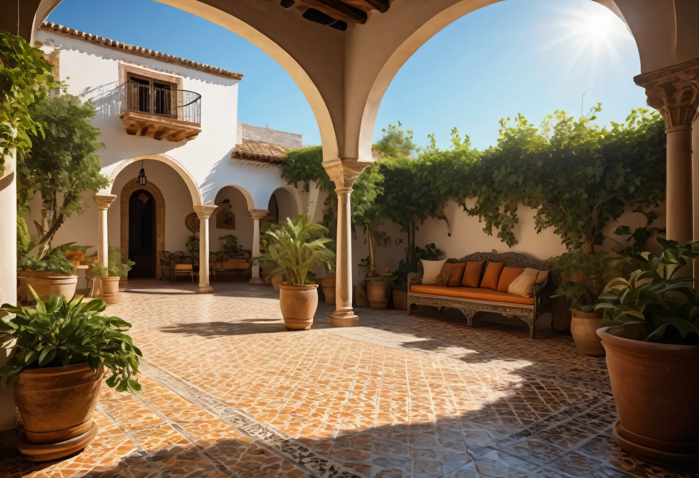 closeup of a beautiful old Andalusian patio, ornate stone arches, cobblestone floor, lush potted plants, intricate tile designs, warm sunlight, antique furniture, wrought iron details, a peaceful and serene atmosphere (the best quality, 4k, 8k, high resolution, masterpiece: 1.2), ultra detailed, (realistic, photorealistic, photorealistic: 1.37), detailed architecture, Spanish colonial style, vibrant colors, natural lighting, ornamental details
