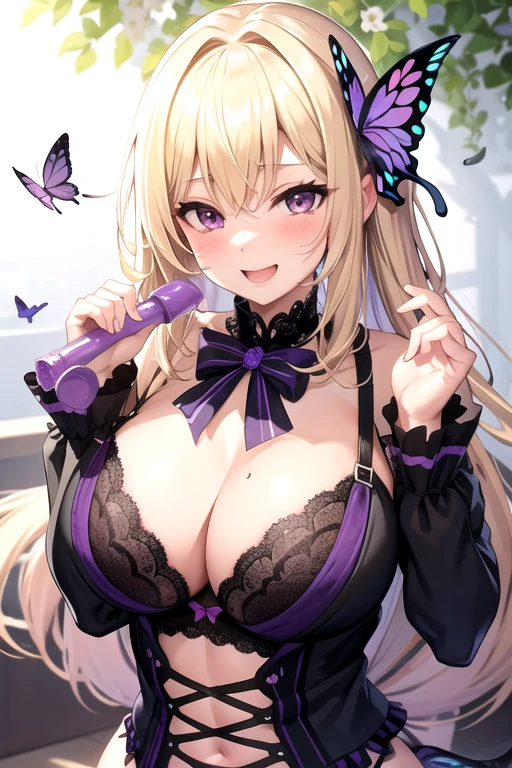 foggy spring, smile, Open your mouth, Blonde,Side Tail,Purple butterfly hair accessory, Black underwear,Large Breasts,Lace bra,Handjob,Stimulating a man&#39;s nipples with both hands,Leaning forward,On the bed,Kiri Izumi,