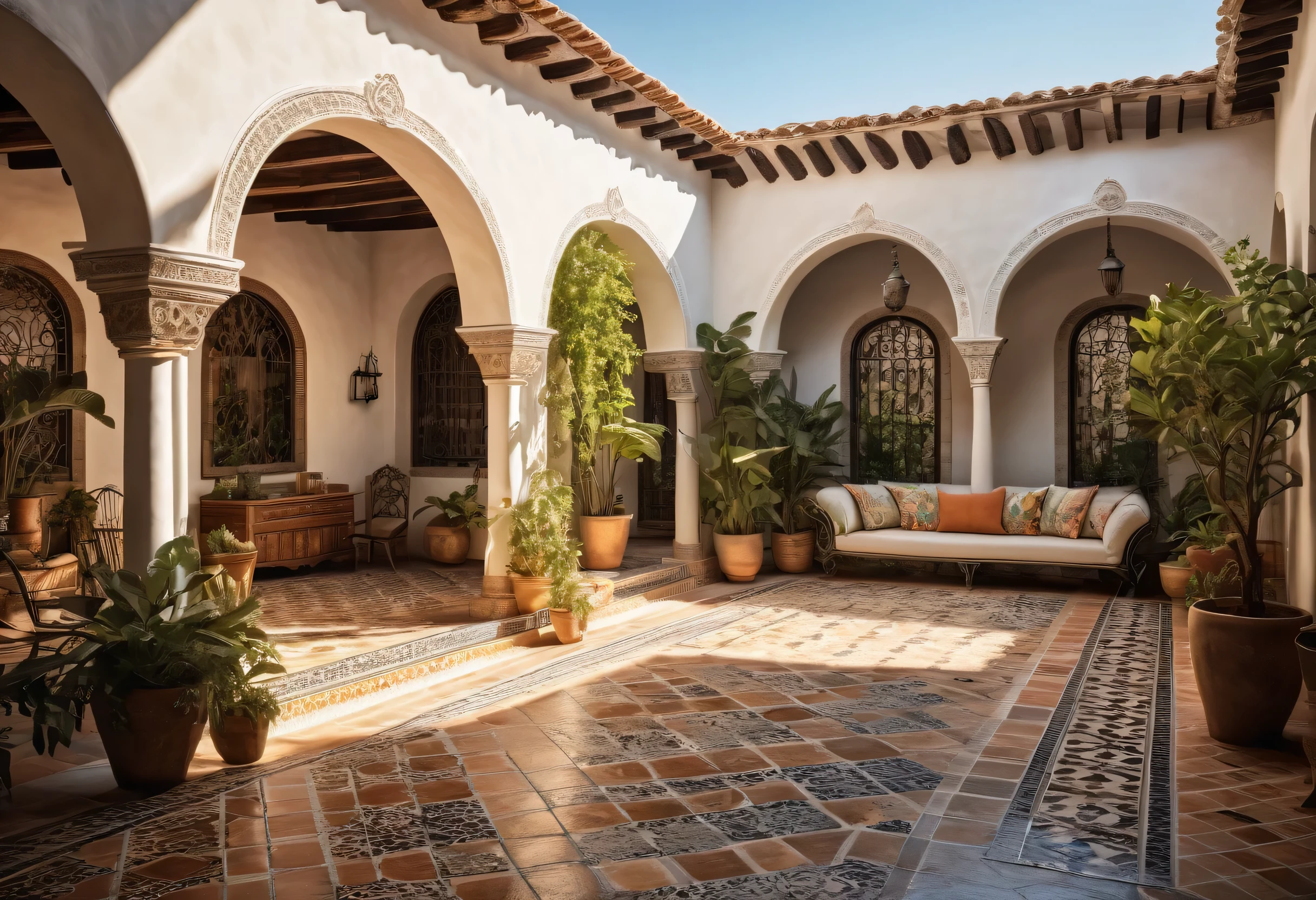 A beautiful, old-fashioned Andalusian patio, ornate stone arches, cobblestone floor, lush potted plants, intricate tile patterns, warm sunlight streaming through, antique furniture, wrought-iron accents, peaceful and serene atmosphere, (best quality,4k,8k,highres,masterpiece:1.2),ultra-detailed,(realistic,photorealistic,photo-realistic:1.37),detailed architecture, spanish colonial style, vibrant colors, natural lighting, ornate details