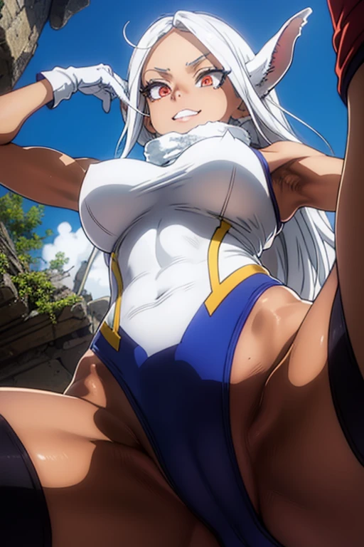 Rubble pile,weed,cracked cobblestone,Mossy wall,Waterway,Plants are overgrown,
Raise one arm high,Guts pose,On the rubble,Blue sky, sitting, Open legs wide, spread legs, (Oblique view from below:1.5),
Rumi Usagiyama, long hair, animal ears, white hair, rabbit ears, dark-skinned female, muscular,
rabbit girl, muscular female, (red eyes:1.5), (parted bangs:1.5), (complete anatomy),
High resolution,Sharp focus,(Super detailed,Very detailed),(Very detailed CG unity 8k wallpaper),(((Vibrant colors))),{best illustration},
Complex eyes,Beautiful Eyes,Symmetrical eyes,Big eyes:1.5,Seductive eyes, (((dark skin,dark_skin,lustrous skin:1.5,bright skin: 1.5,
skin tanned, shiny skin,very shiny skin,Shiny body,plastic glitter, skin,exaggerated shiny skin,illuminated skin))),Perfect Fingers,
(Detailed body),(Detailed face)), cute,Lewd,erotic,Bold,Camel Toe,Revealing clothing,show skin,
(Huge hips:1.1),(Huge breasts, Glamour:1.2),
Arrogant look, Domineering smile, Baring teeth,
thigh highs, gloves, sleeveless, white gloves, leotard, turtleneck, high leg, high leg leotard, fur collar, sleeveless turtleneck,
turtleneck leotard, sleeveless turtleneck leotard, crescent print,
