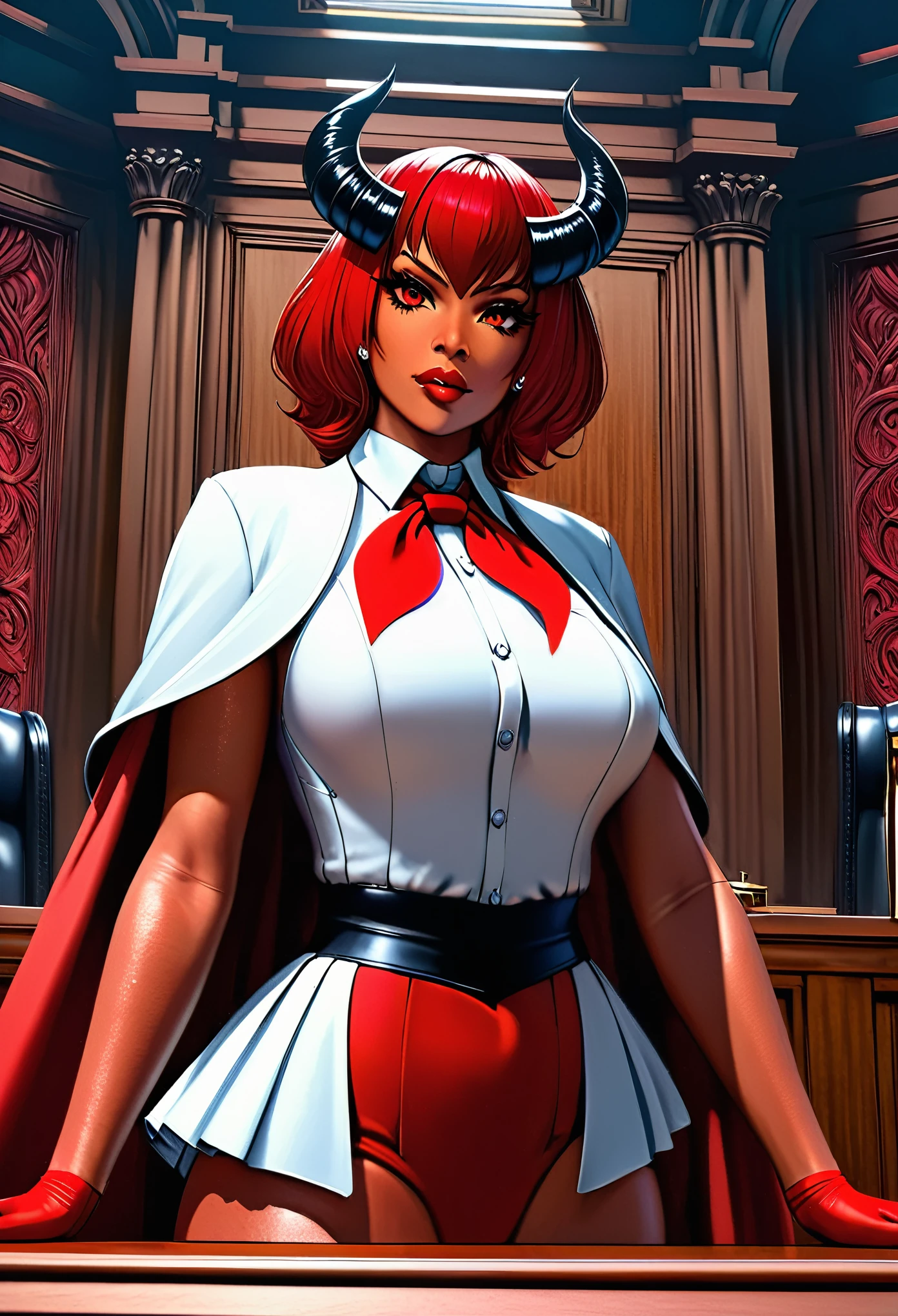 a picture of a female devil wearing barrister's wig and cloak in courtroom, a devilishly beautiful devil, ((anatomically correct: 1.5), (ultra detailed face: 1.2), best detailed face, (red skin: 1.3), two black horns, wearing white button shirt, red tie, English barrister's wig, courtroom background, vibrant, Hyperrealism style, vibrant, Ultra-high resolution, High Contrast, (masterpiece:1.5), highest quality, Best aesthetics), best details, best quality, highres, ultra wide angle, 16k, [ultra detailed], masterpiece, best quality, (extremely detailed) RAW, photograph, Hyperrealism style, demonmawAI