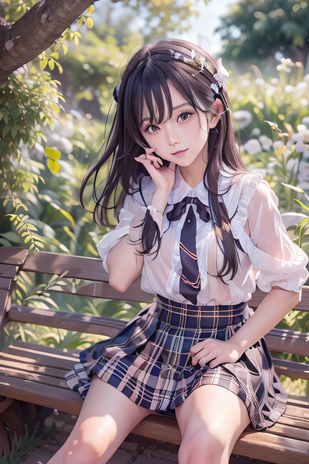 very cute and beautiful girl,(Very detailed美しい顔),Symmetrical eyes, (smile:1.2),White blouse,ribbon,Pleated check mini skirt, Sitting,Black Hair, garden,Wooden bench,grassland,Distant sea background, (Highest quality,masterpiece:1.0),Absurd,High resolution,Very detailed,Very detailed,32K,8k resolution, Intricate details,Movie Scenes,Detailed Background,alone,Dynamic Angle, Hair blowing in the wind,Beautifully detailed skies,Tsurime,Cool color makeup,Small breasts,A fragile girl,((Smooth Hair，Fine hair，Very fine hair))