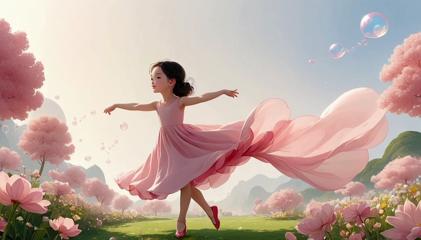 Character setting diagram;1 dancing ,。Solitary,Wearing a cute pink dress,Happy expression,Playful;The character is on the right side of the screen 1.5,whole body;There are flowers around the characters;Light pink background,There are many transparent bubbles in the picture,Big bubbles;Pure background(The background is a solid color); Depth of Field, Extraordinary details, masterpiece, high quality, 4K,Leave white space in the center of the screen。