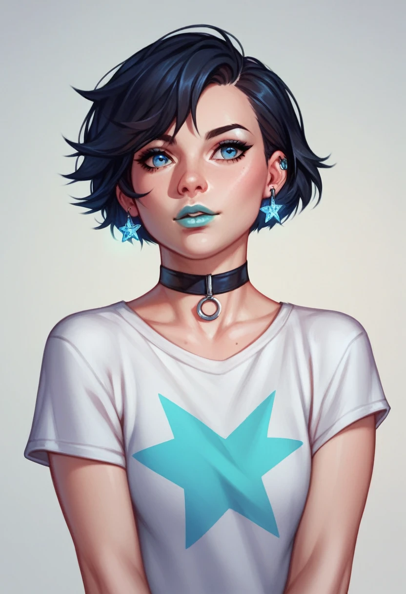 cerulean. really short hair, hair is made of galaxy and cosmos. choker. Amber blue eyes. Bblack hair. cyan lips. t - shirt. a photo of a face nearby. Earplug