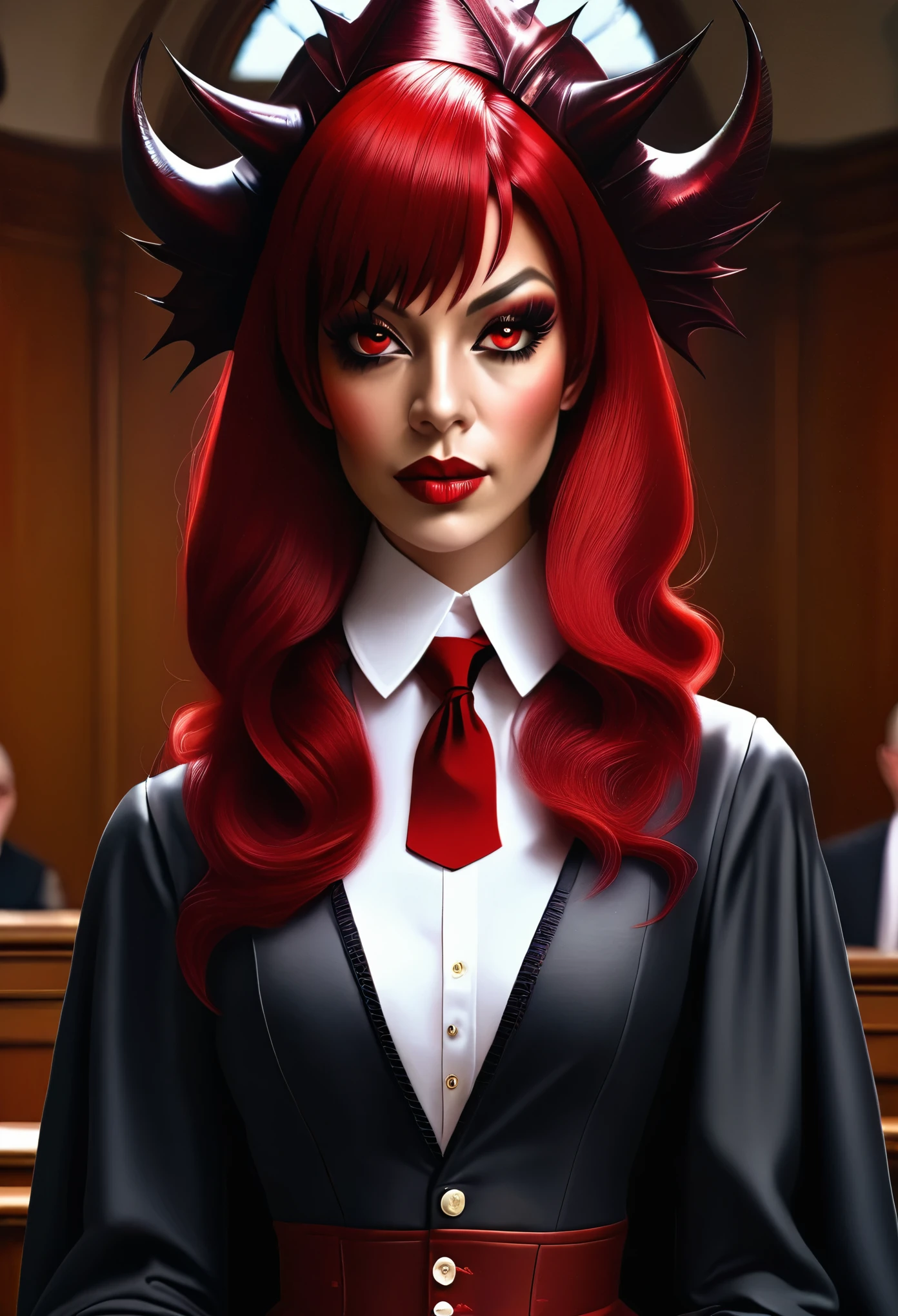 a picture of a female devil wearing barrister's wig and cloak in courtroom, a devilishly beautiful devil, ((full body shot: 1.5)), ((anatomically correct: 1.5), (ultra detailed face: 1.2), best detailed face, (red skin: 1.3), two black horns, wearing white button shirt, red tie, English barrister's wig, courtroom background, vibrant, Hyperrealism style, vibrant, Ultra-high resolution, High Contrast, (masterpiece:1.5), highest quality, Best aesthetics), best details, best quality, highres, ultra wide angle, 16k, [ultra detailed], masterpiece, best quality, (extremely detailed) RAW, photograph, Hyperrealism style, demonmawAI
