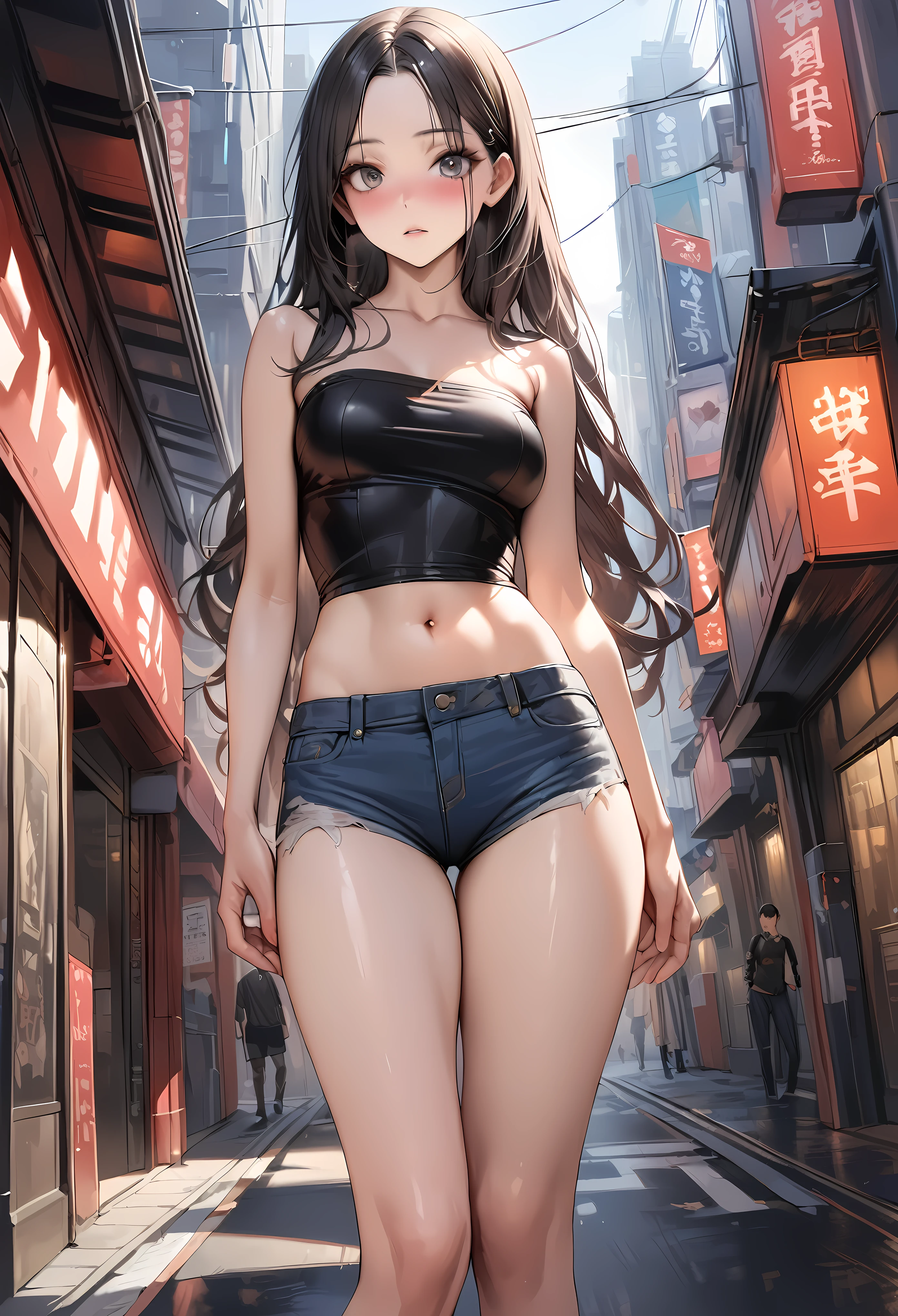 ((masterpiece,Highest quality:1.3,best quality illustration)),realistic,cowboy shot,solo,1woman,(18 year old beauty),((very small head:1.3)),black hair,long hair,forehead,center parted bangs,black eyes,gorgeous big eyes,blush,((very long body,skinny)),medium breasts,gleaming skin,toned body,slender body,skinny,(Black tube top shirt)、Denim mini skirt、navel,on street,shinjuku、Tokyo、