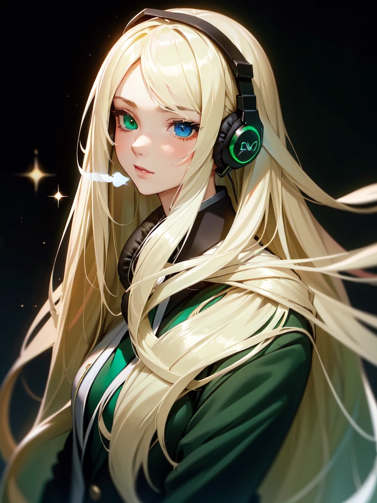 (((Portrait Photo))), She has the Appearance of an Elegant and Poised , with a Small, Slender Build who Displays a Calm Demeanor. Her Long, Flowing Blonde Hair Cascades Down Her Back in Soft Waves. Her Eyes are Large and Expressive, Filled with a Gentle Serenity and a Hint of Mystery. His Expression is Calm and Reflective, with a Slightly Unfocused Gaze, Conveying a Sense of Inner Peace and Absolute Calm. (((High Quality, Dark Background))), (((Portrait Photo))), (((Headphones On Ears))), (((Shimmering Blazer))), (((Green Ombre Hair))), (((Heterochromia)))