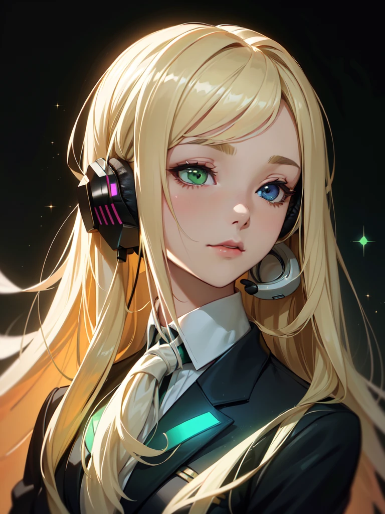 (((Portrait Photo))), She has the Appearance of an Elegant and Poised , with a Small, Slender Build who Displays a Calm Demeanor. Her Long, Flowing Blonde Hair Cascades Down Her Back in Soft Waves. Her Eyes are Large and Expressive, Filled with a Gentle Serenity and a Hint of Mystery. His Expression is Calm and Reflective, with a Slightly Unfocused Gaze, Conveying a Sense of Inner Peace and Absolute Calm. (((High Quality, Dark Background))), (((Portrait Photo))), (((Headphones On Ears))), (((Shimmering Blazer))), (((Green Ombre Hair))), (((Heterochromia)))