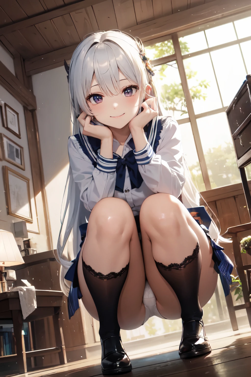 very cute and beautiful girl,(Very detailed美しい顔), (smile),blush,Black Hair,Seraphim,((White Hair、long hair)),(White Shirt、Pleated navy blue pread your legs、Squat)、Sitting、(From below)、(Lace panties), Country road, (Highest quality,masterpiece:1.0),Absurd,High resolution,Super detailed,Very detailed,32K,8k resolution, Intricate details,Movie Scenes,Detailed Background,alone,Dynamic Angle,