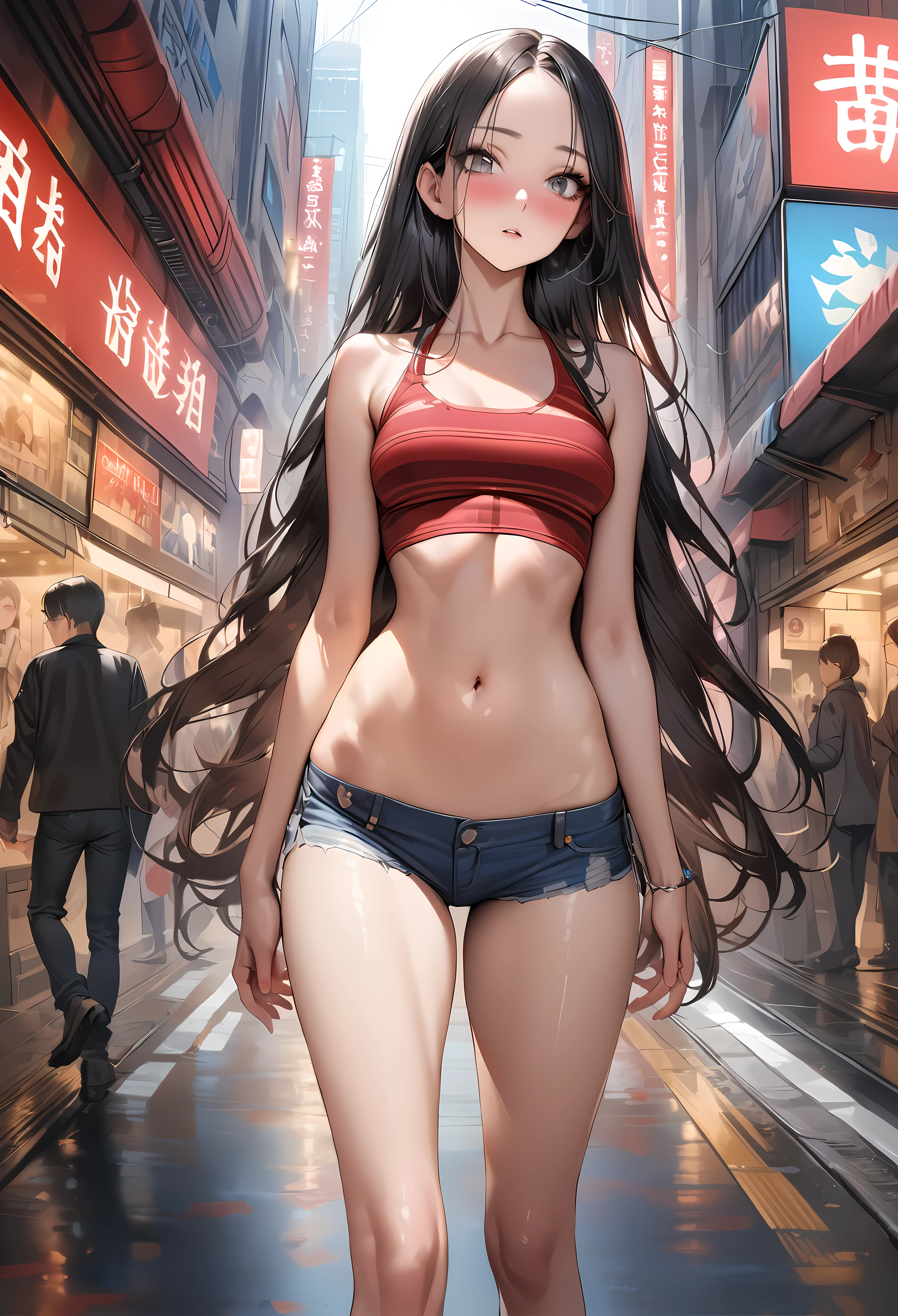 ((masterpiece,Highest quality:1.3,best quality illustration)),realistic,cowboy shot,solo,1woman,(18 year old beauty),((very small head:1.3)),black hair,long hair,forehead,center parted bangs,black eyes,gorgeous big eyes,blush,((very long body,skinny)),medium breasts,gleaming skin,toned body,slender body,skinny,(Red Checkered Shirt)、Denim mini skirt、navel,on street,shinjuku、Tokyo、