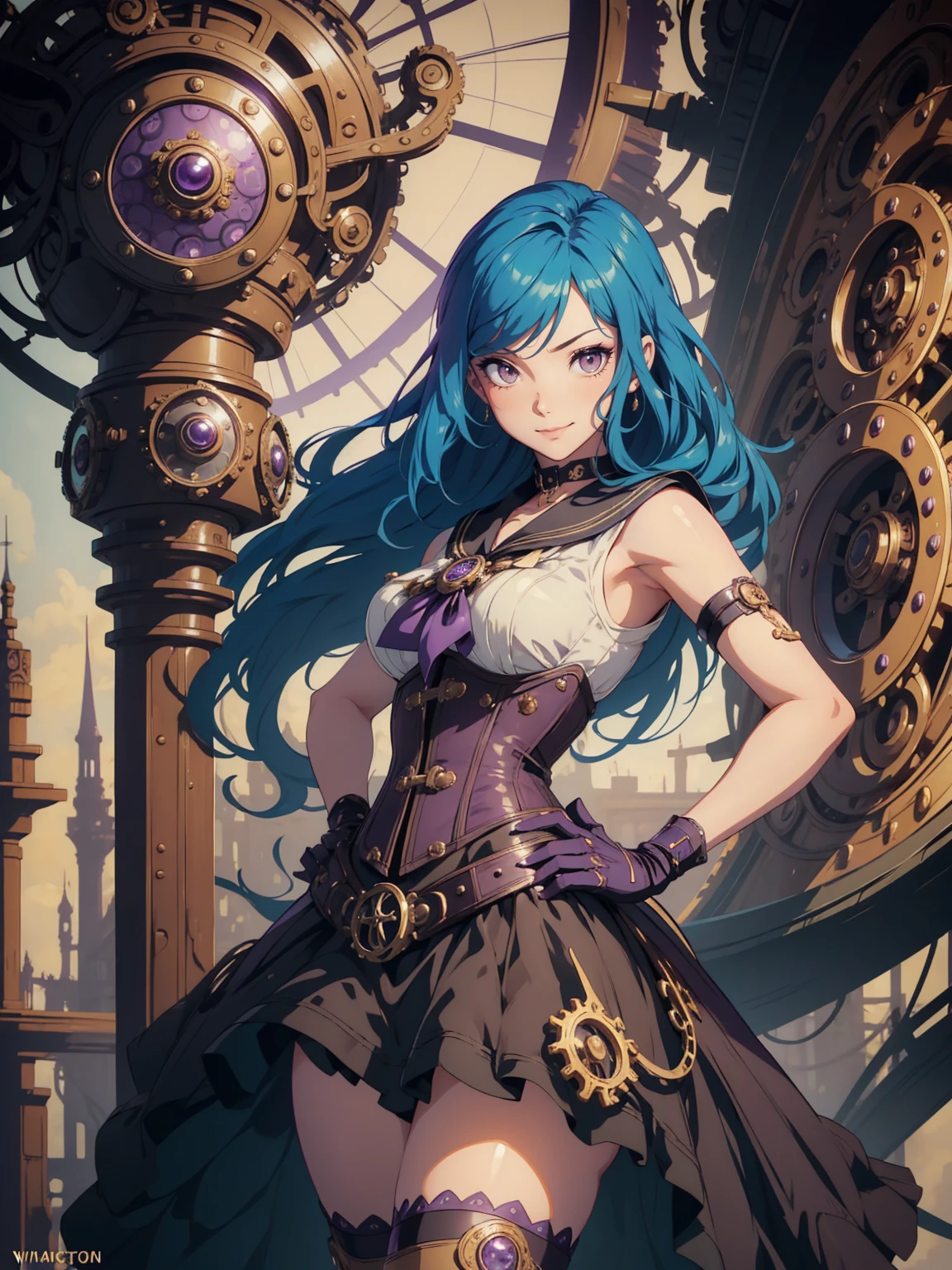 masterpiece, high quality, illustration, extremely detailed, steampunk town, standing, 1_women, (full body), (bright blue hair), medium length hair, cute bangs, flowing hair, (exotic skin_complexion:1.4),mature, tall, (hand on hip), (giving thumbs up), beautiful, exotic, elegant, slim, (((sailor collar))), sleeveless, black thigh highs, choker, medium bust, (brown steampunk corset), black Lolita style skirt, knee high brown boots with laces, black elegant elbow gloves, diamond shaped eyes, (((purple eyes))), dark_eyeliner, long_eyelashes), natural dynamic lighting, smiling, happy, (((winking at viewer))), steampunk