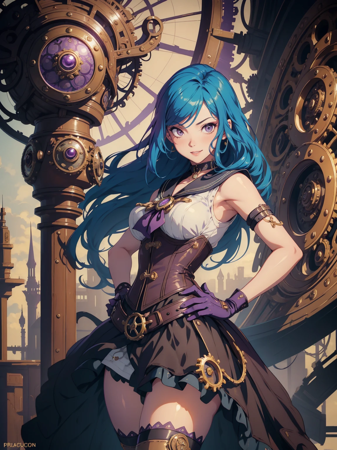 masterpiece, high quality, illustration, extremely detailed, steampunk town, standing, 1_women, (full body), (bright blue hair), medium length hair, cute bangs, flowing hair, (exotic skin_complexion:1.4),mature, tall, (hand on hip), (giving thumbs up), beautiful, exotic, elegant, slim, (((sailor collar))), sleeveless, black thigh highs, choker, medium bust, (brown steampunk corset), black ta style skirt, knee high brown boots with laces, black elegant elbow gloves, diamond shaped eyes, (((purple eyes))), dark_eyeliner, long_eyelashes), natural dynamic lighting, smiling, happy, (((winking at viewer))), steampunk
